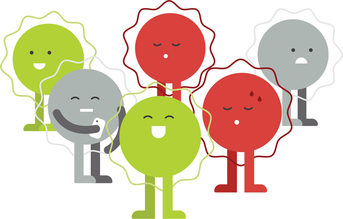 Image of green red and grey circular characters